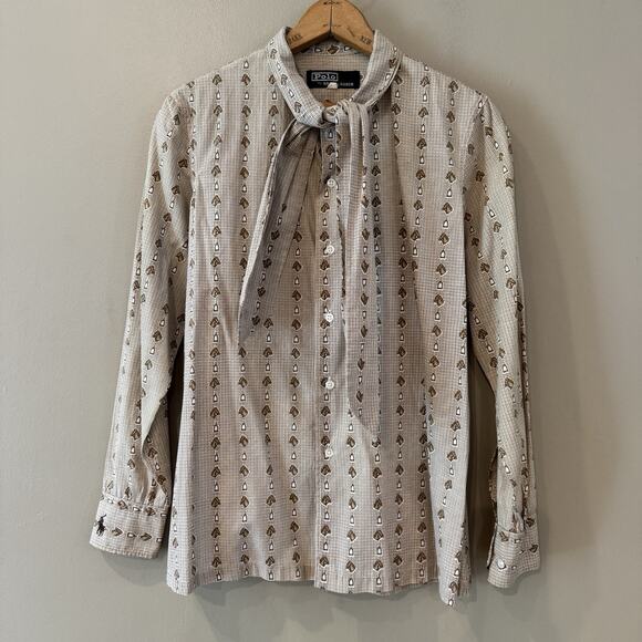 VTG Polo Ralph Lauren Shirt Women Medium* Beige Equestrian Gingham Necktie RARE!